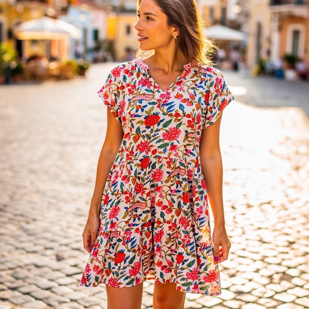 Pomegranate Floral Cotton Sundress — Bright Summer Boho Fit & Flare xl